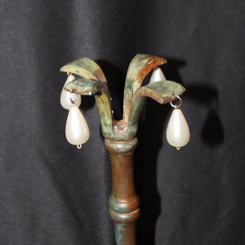 Brass Taper Candlestick w/Patina and Teardrop Pearls
